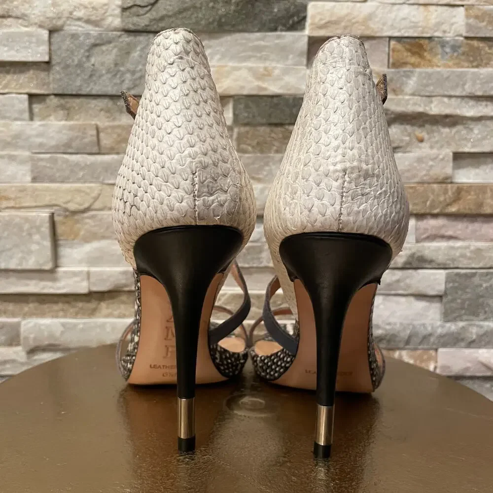 L.A.M.B. 6.5 Mixed Snakeskin Leather Strappy Stiletto Heels | Cream, Black, Blue
